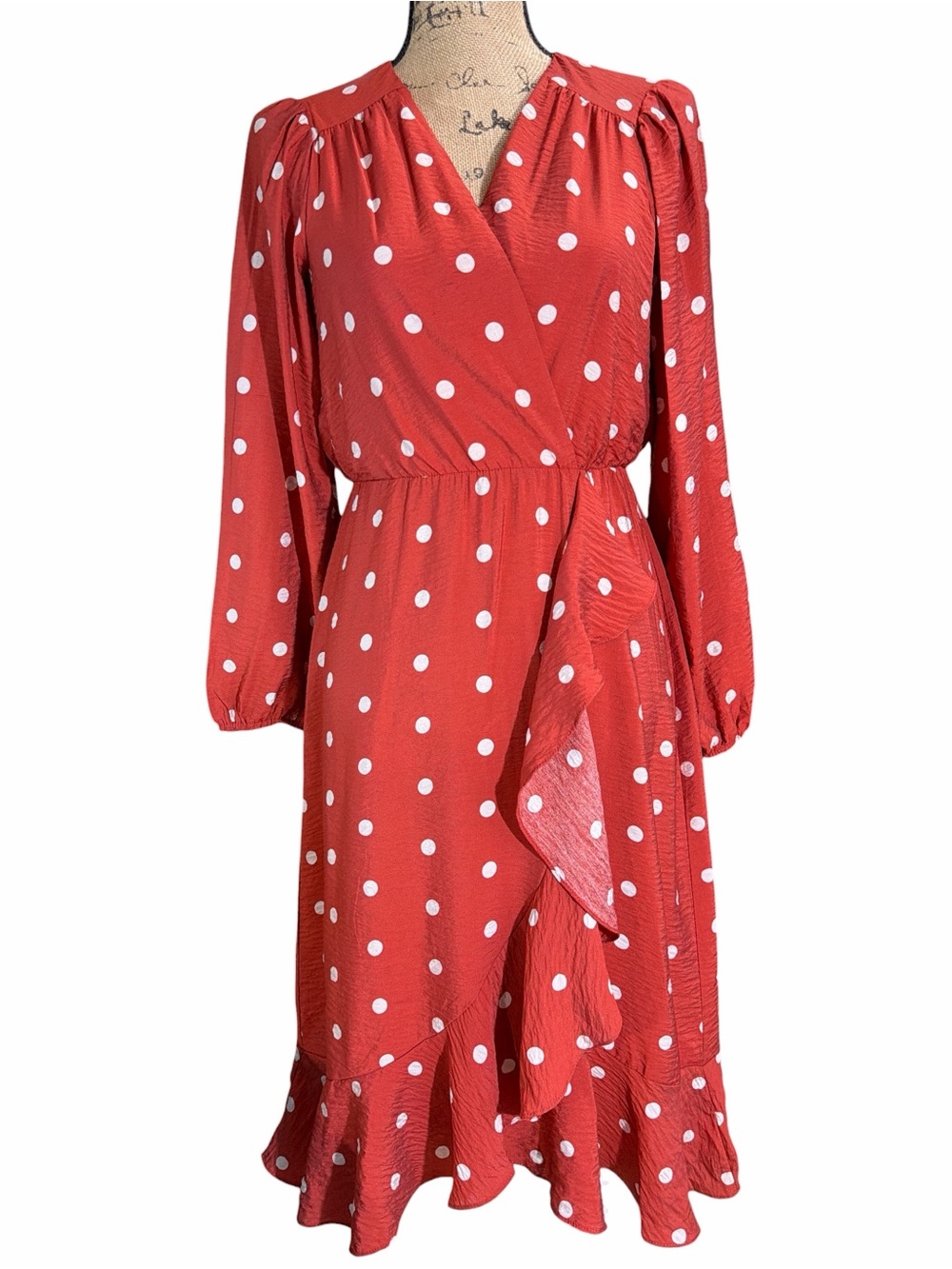 Luxology Rust & White Polka Dot Faux Wrap Midi Dress EC. Size Small